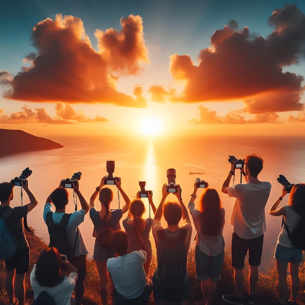 a group of people taking pictures with a sunset in the background