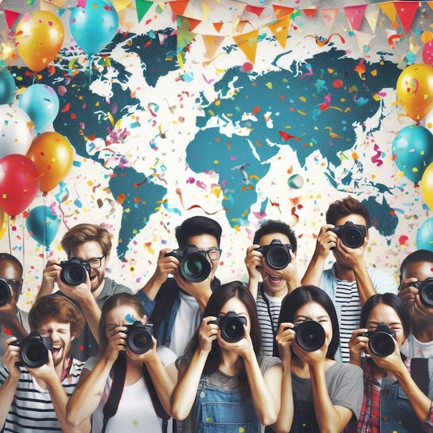 Photo a group of people taking pictures with the world map behind them