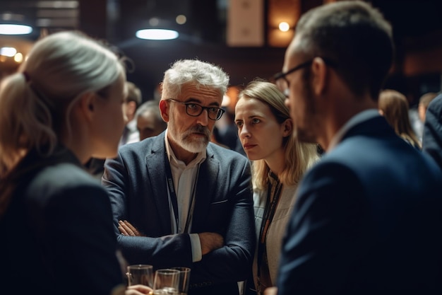 A group of people talking in a bar