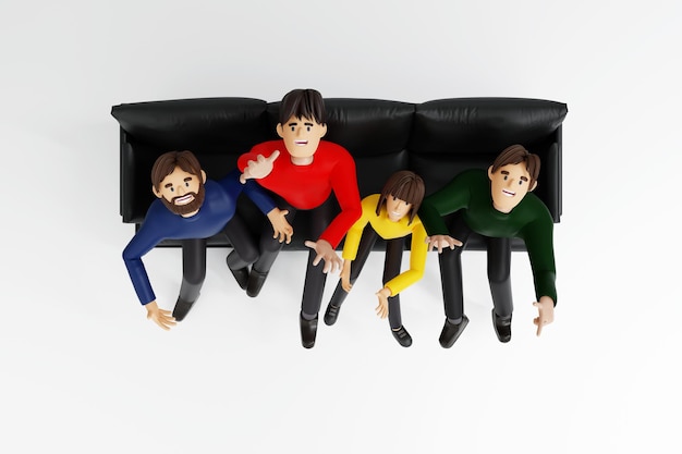 Group of people team member or student enjoying on couch together 3D rendering character