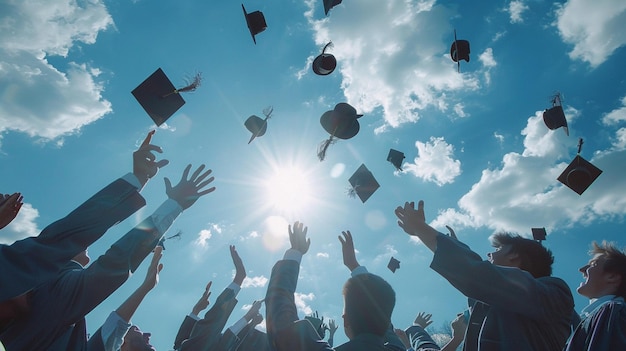 a group of people throwing their hats in the air