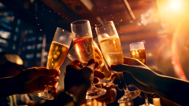 Group of people toasting with glasses of champagne in front of them Generative AI