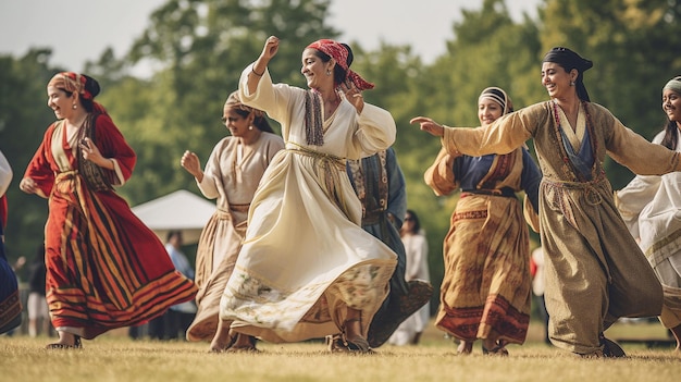 A group of people in traditional attire performing a cultural dance or reenacting historical events