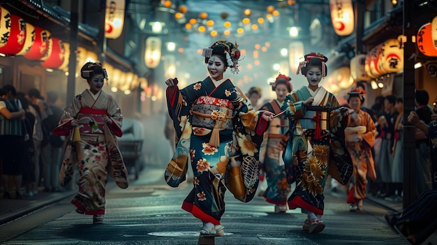 a group of people in traditional dress are walking down a street