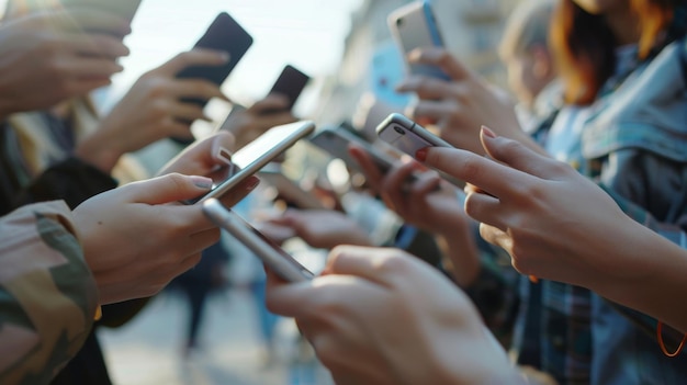 Group of people using smartphones in urban setting