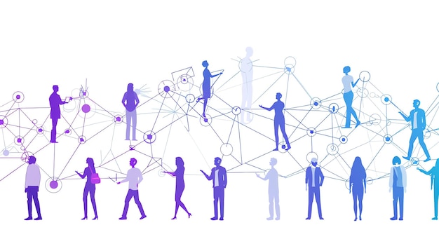 Photo a group of people of various shapes and sizes are connected by a series of blue and purple lines