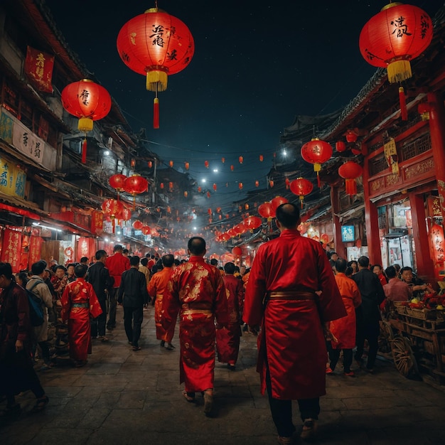 a group of people walk down a street with lanterns hanging from the ceiling