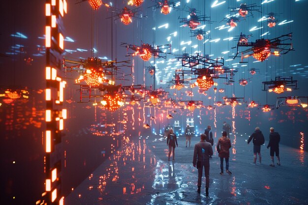 a group of people walk through a street with lights on it