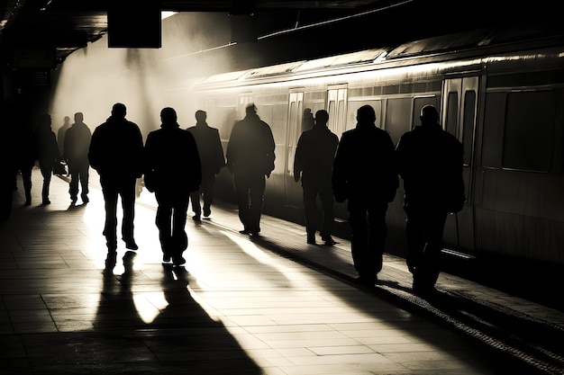 a group of people walking along a subway platform with the word  on the side