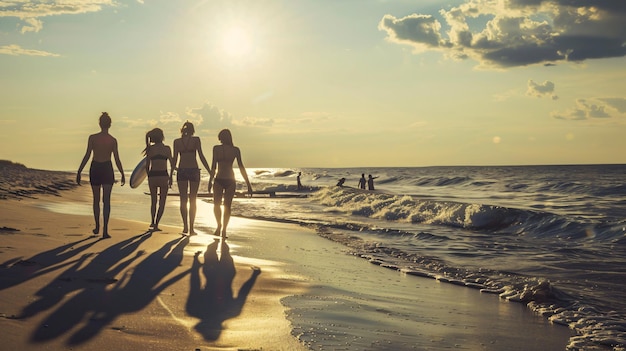 a group of people walking on a beach with the sun behind them