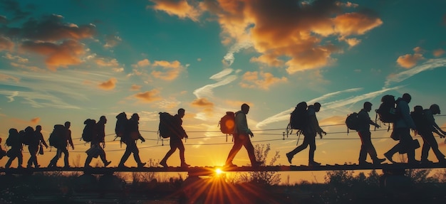 A group of people walking on a bridge at sunset