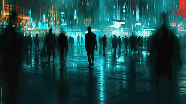 A group of people walking in a city at night