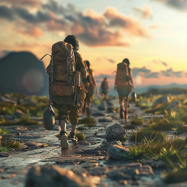 Photo a group of people walking in a desert with mountains in the background