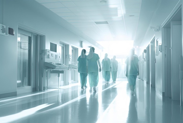 a group of people walking down a hallway with the word hospital on the back