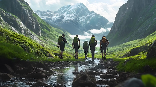 Photo a group of people walking down a path in the mountains