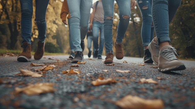 Photo a group of people walking down a road with leaves on the ground