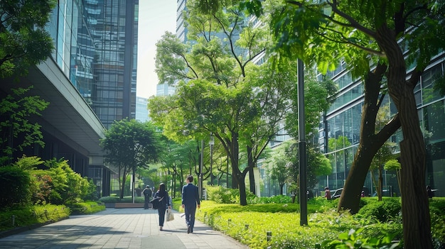 a group of people walking down a sidewalk in a city