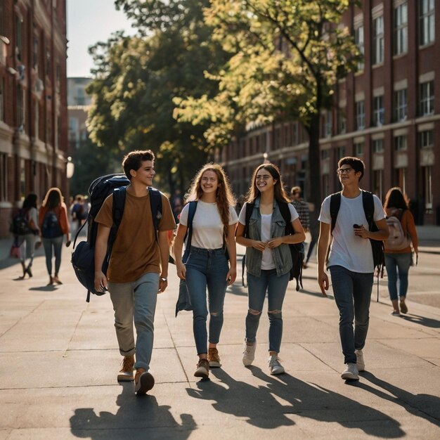 Photo a group of people walking down a sidewalk with one carrying a backpack