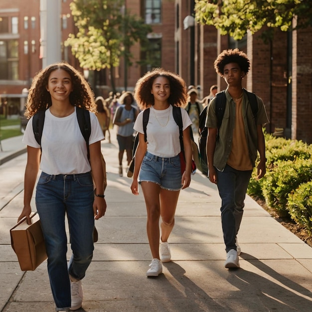 Photo a group of people walking down a sidewalk with one carrying a backpack