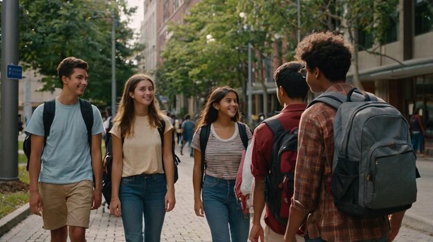 Photo a group of people walking down a sidewalk with one carrying a backpack