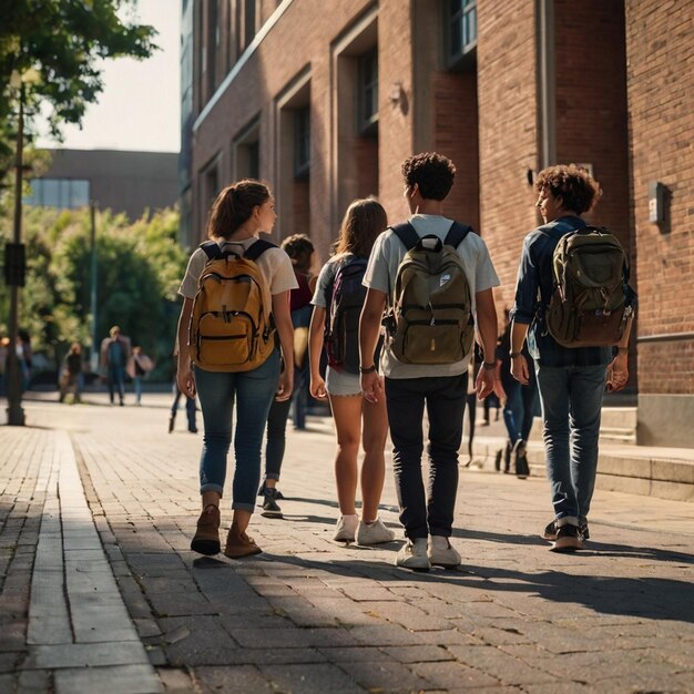 Photo a group of people walking down a sidewalk with one carrying a backpack