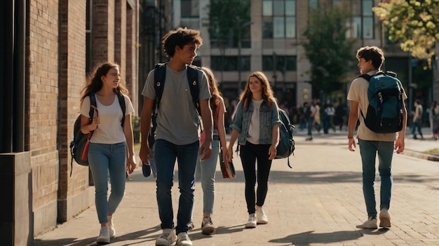 a group of people walking down a sidewalk with one carrying a backpack