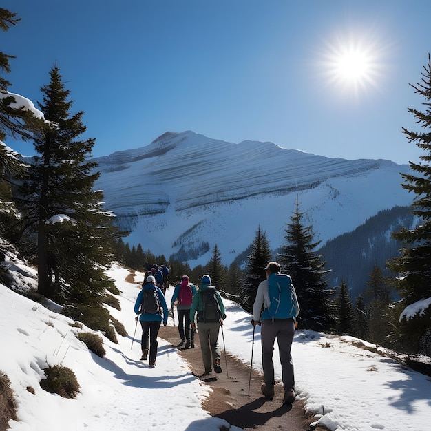 a group of people walking down a snowy path with a sun shining on the mountain in the background