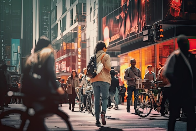 a group of people walking down a street A cluster of individuals strolling along a city thoroughfare