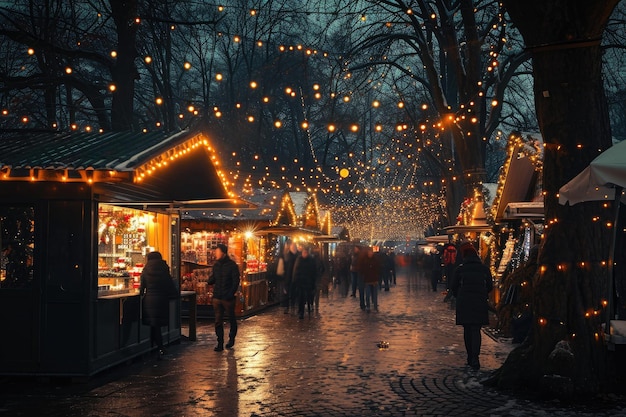 Group of People Walking Down a Street Covered in Christmas Lights A festive Christmas market illuminated with fairy lights AI Generated