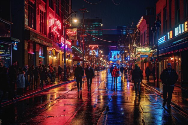 A group of people walking down a street at night