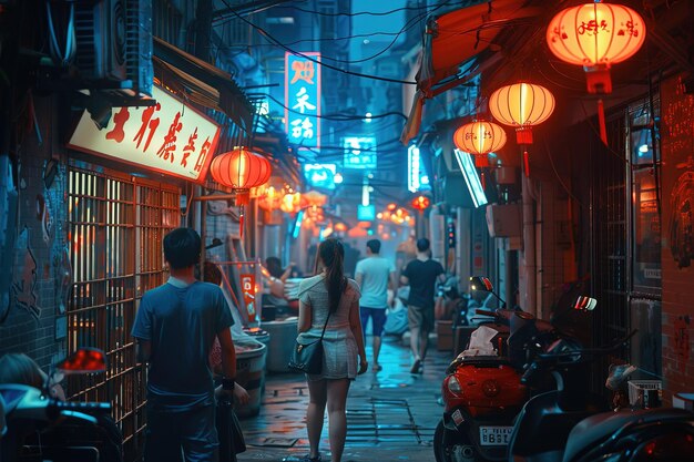 A group of people walking down a street at night