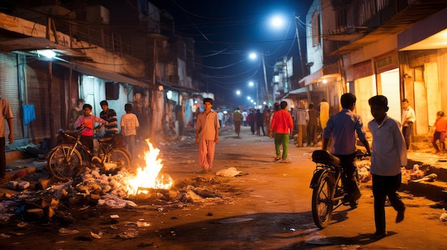 a group of people walking down a street at night