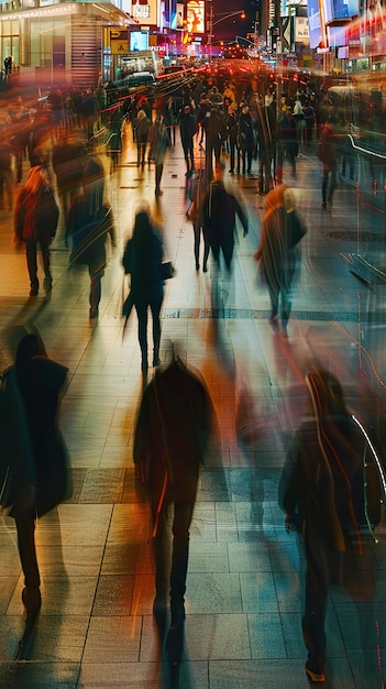 Group of people walking down a street next to tall buildings