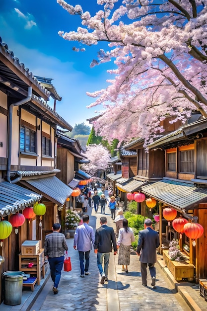 a group of people walking down a street with a cherry blossom tree