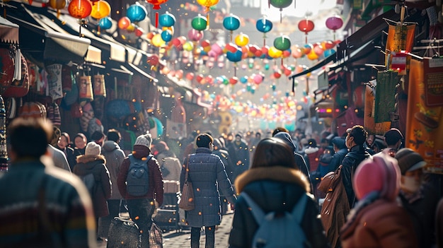 a group of people walking down a street with a lot of balloons