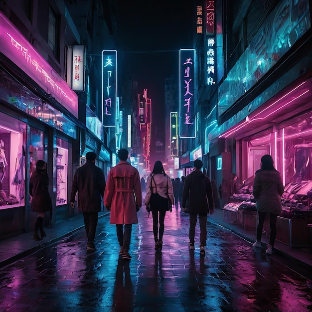 a group of people walking down a street with neon lights on