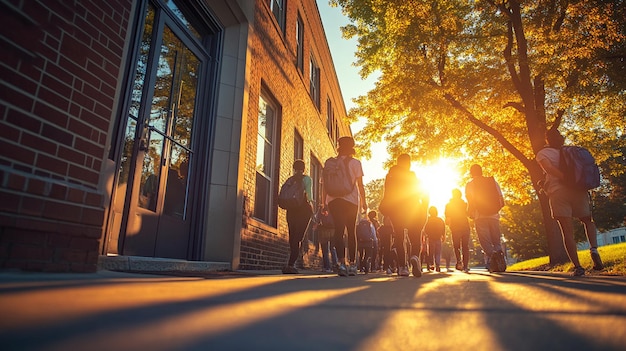 Photo a group of people walking down a street with the sun setting behind them