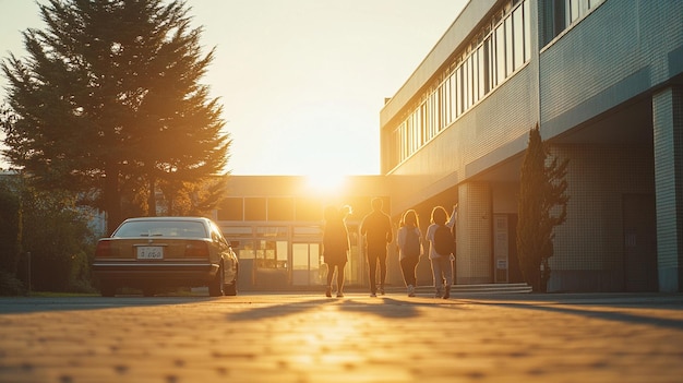 Photo a group of people walking down a street with the sun setting behind them