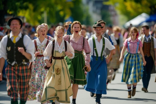 Photo a group of people walking down a street