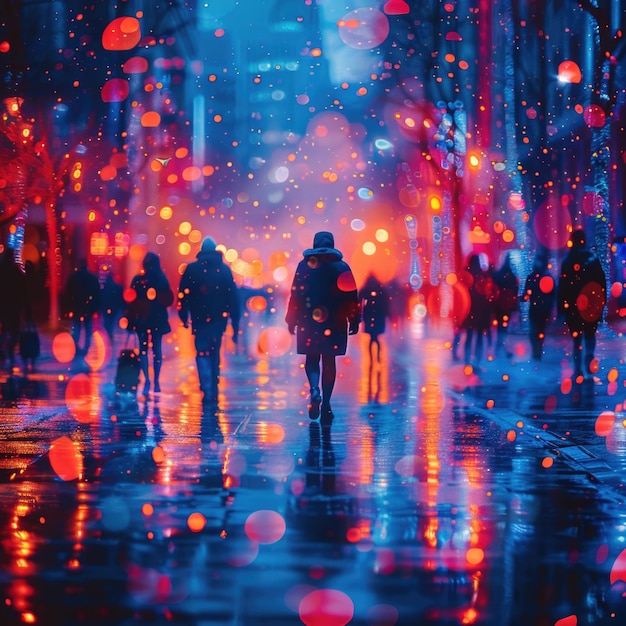 a group of people walking down a wet street with the word  on it