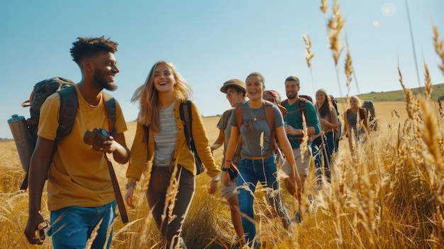 group of people walking in a field of wheat