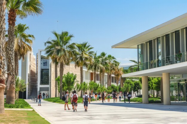 Photo a group of people walking in front of a building with palm trees