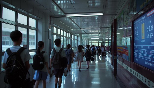 Photo a group of people walking in a hallway with a sign that says the word on the wall