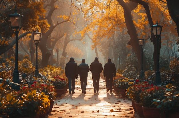 Group of people walking in a park during autumn with golden sunlight filtering through the trees