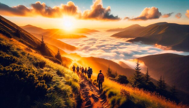 Photo a group of people walking on a path in the mountains