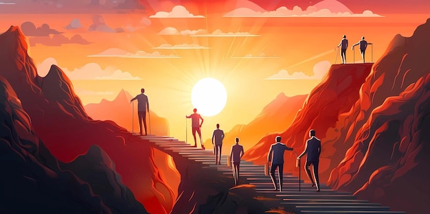 Group of people walking on the path to the sun