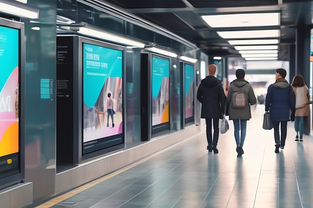 Group of people walking in public bridged walkway in station with blurred colorful digital