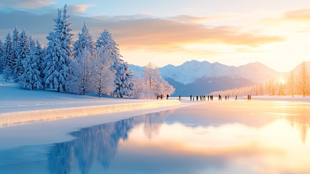 Group of People Walking in Snowy Landscape at Sunrise Near Reflective Lake