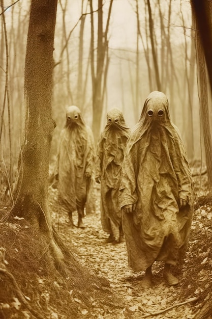 Group of people walking through forest covered in creepy looking cloths Generative AI