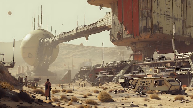 A group of people walking through a sandy desert toward a large science fiction structure in the distance